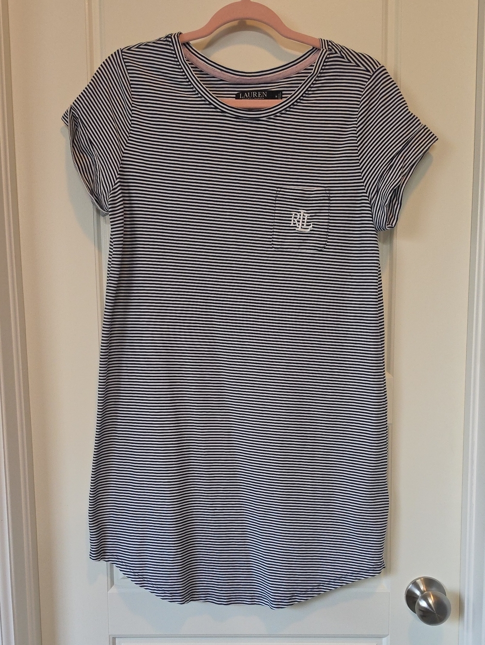 Lauren Ralph Lauren Striped Sleepshirt with Pocket - Navy Blue & White - Medium